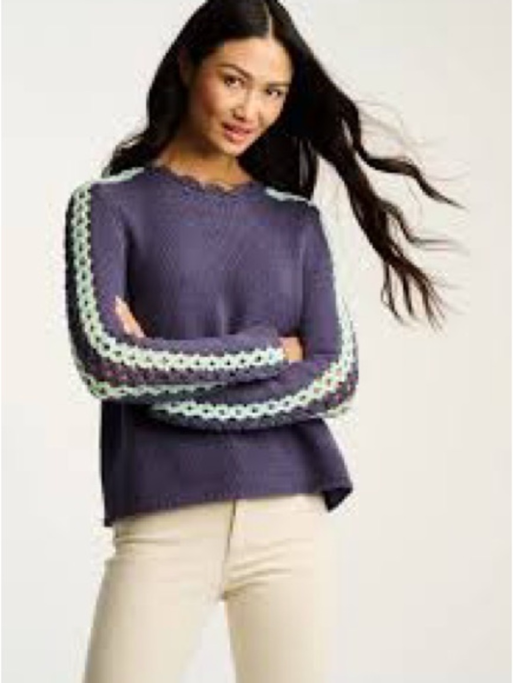 Lisa Todd Shore Club Sweater Womens Medium Plum Spearmint Excellent Crochet Trim